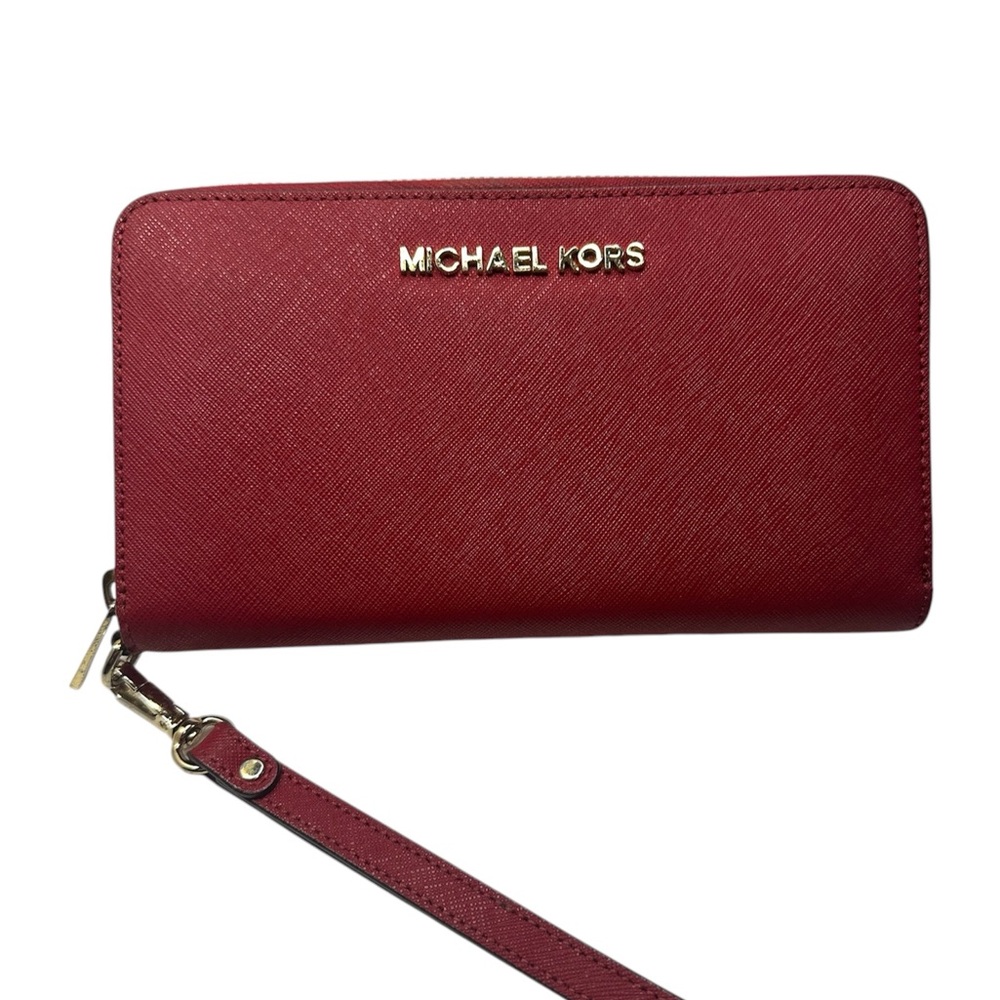 Michael Kors EUC Red Saffiano Leather Jet Set Wallet With Wrist Strap